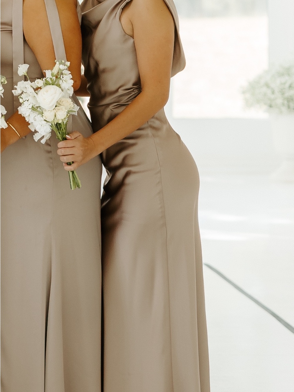 Azazie One-Shoulder Satin Dress in Taupe